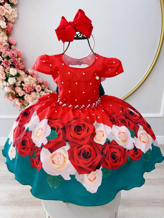 Vestido infantil con flores rojas y cinturón de perlas para Navidad