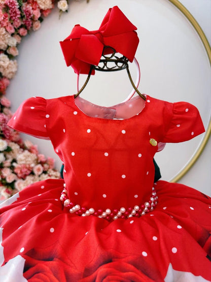 Vestido infantil con flores rojas y cinturón de perlas para Navidad