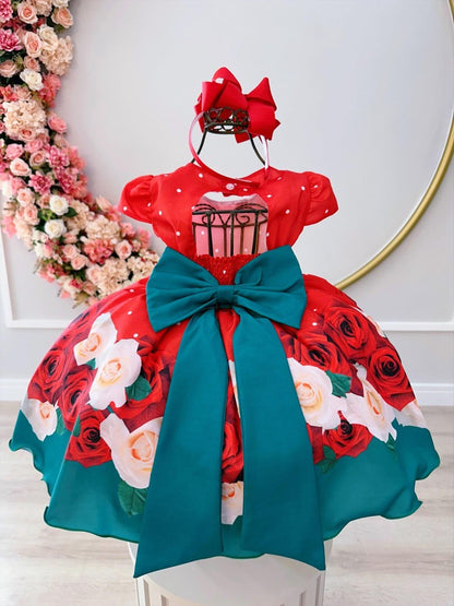 Vestido infantil con flores rojas y cinturón de perlas para Navidad