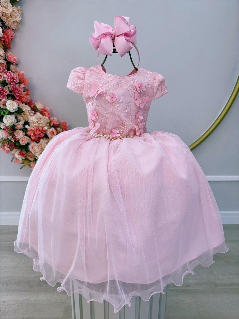 Vestido infantil rosa con encaje y aplique de mariposa