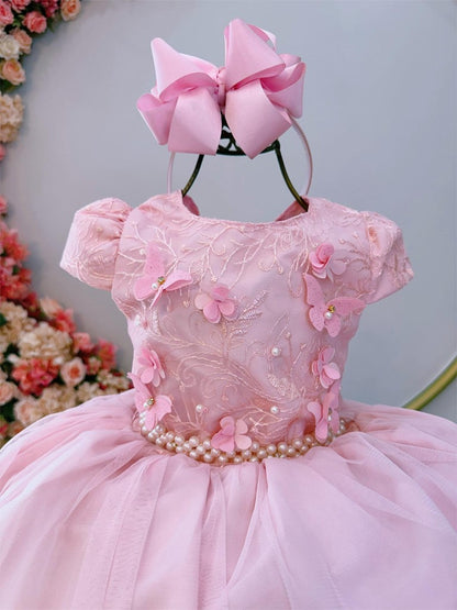 Vestido infantil rosa con encaje y aplique de mariposa