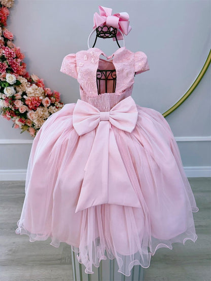 Vestido infantil rosa con encaje y aplique de mariposa