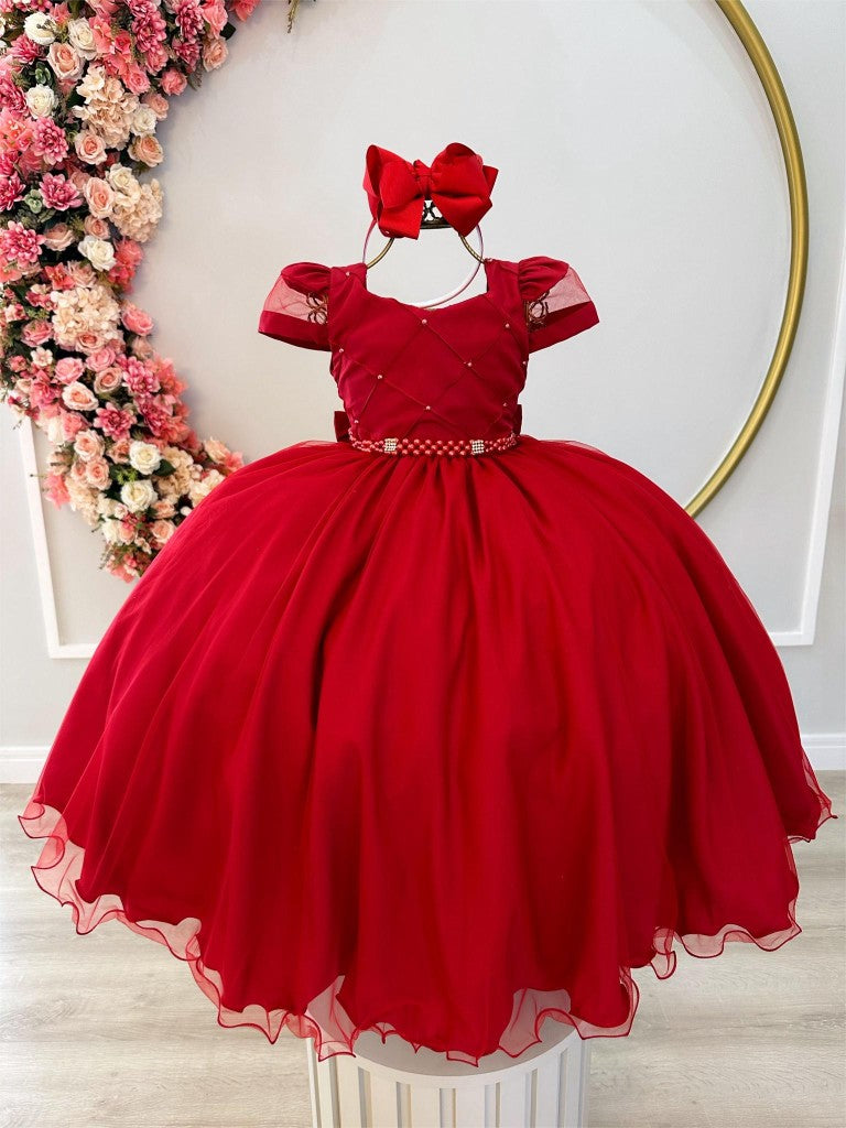Vestido infantil rojo con busto acanalado y perlas para mujer
