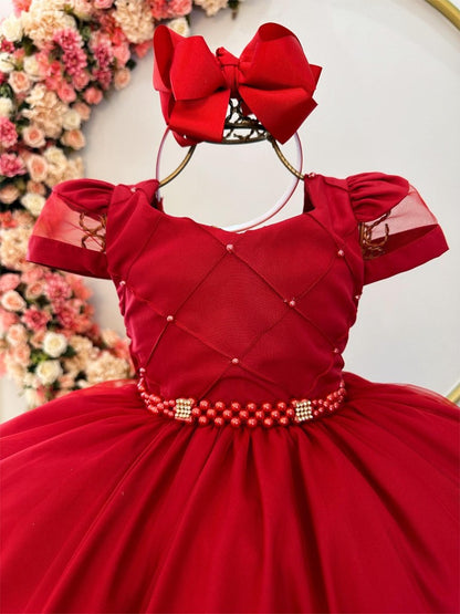 Vestido infantil rojo con busto acanalado y perlas para mujer