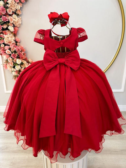 Vestido infantil rojo con busto acanalado y perlas para mujer