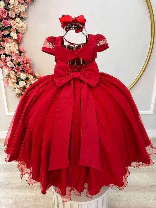 Vestido infantil rojo con busto acanalado y perlas para mujer