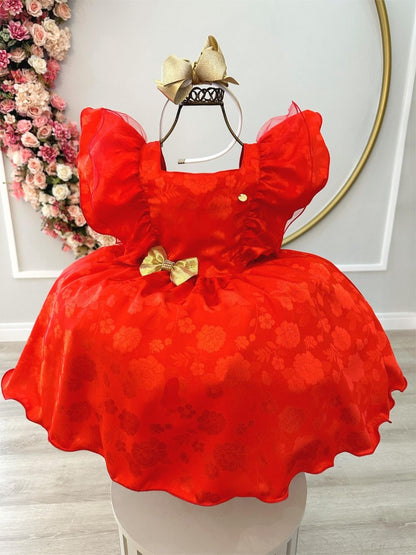 Vestido infantil de jacquard rojo con broche dorado para fiesta de Navidad