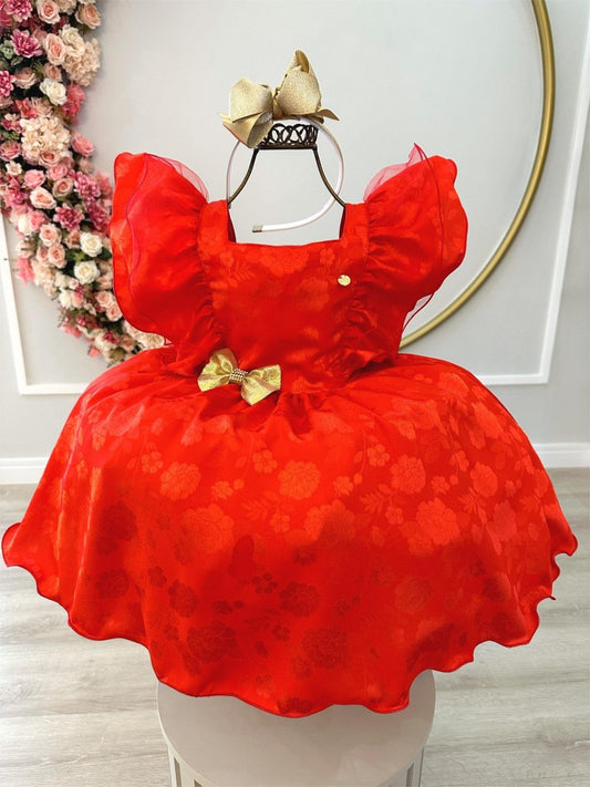 Vestido infantil de jacquard rojo con broche dorado para fiesta de Navidad
