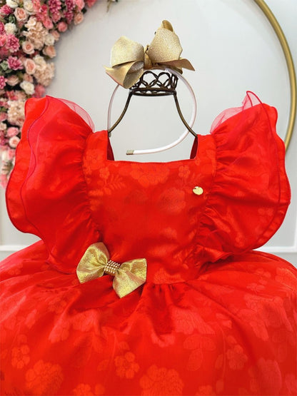 Vestido infantil de jacquard rojo con broche dorado para fiesta de Navidad
