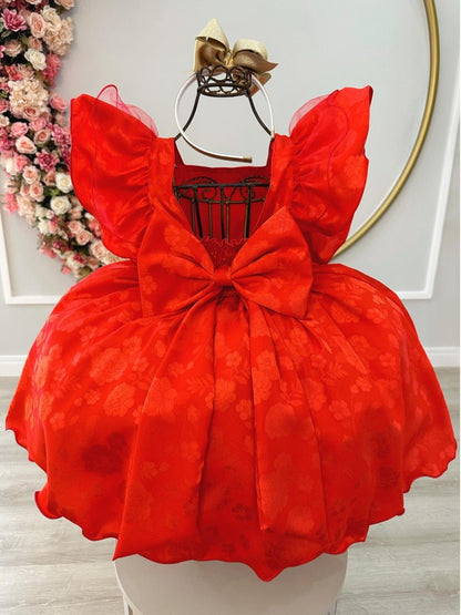 Vestido infantil de jacquard rojo con broche dorado para fiesta de Navidad