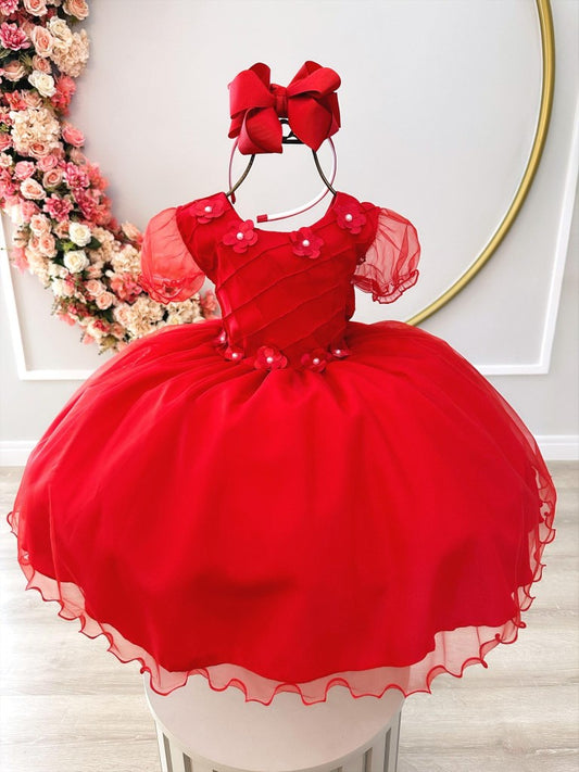 Vestido infantil rojo con busto, apliques acanalados y flores