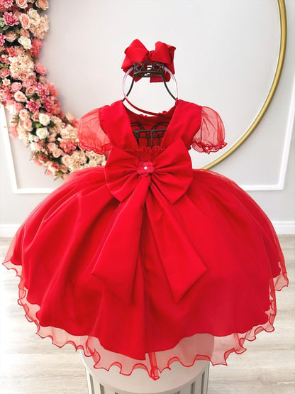 Vestido infantil rojo con busto, apliques acanalados y flores