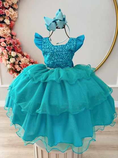 Vestido infantil verde con encaje de pedrería brillante para fiestas 
