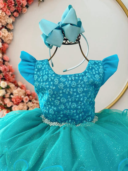 Vestido infantil verde con encaje de pedrería brillante para fiestas 