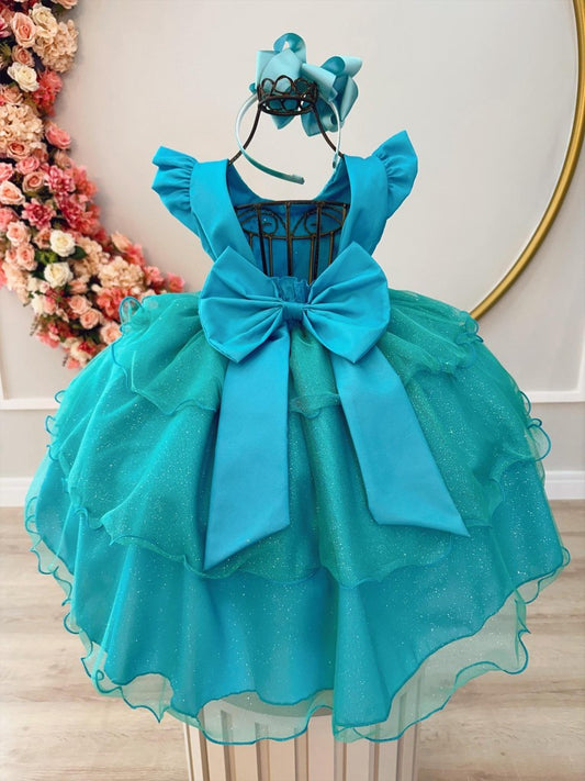 Vestido infantil verde con encaje de pedrería brillante para fiestas 