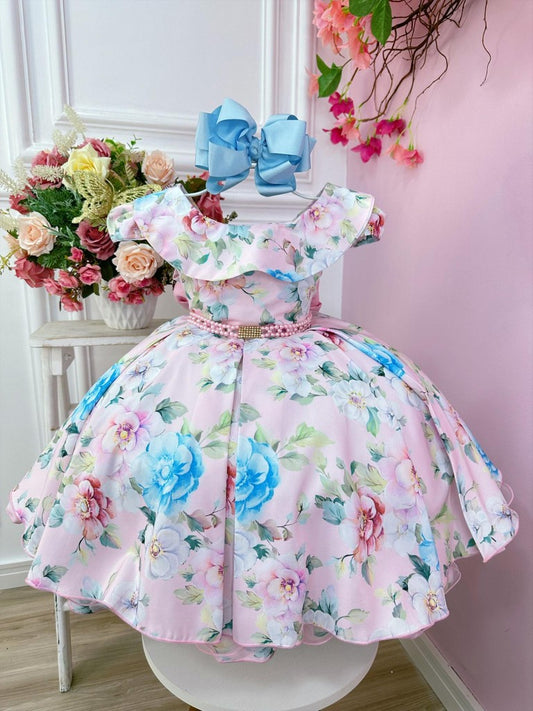 Vestido infantil rosa de Jardín Encantado con cinturón de perlas y fiestas 