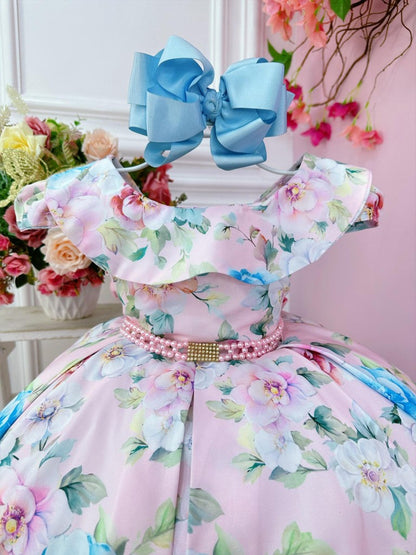 Vestido infantil rosa de Jardín Encantado con cinturón de perlas y fiestas 