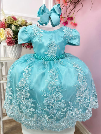 Vestido infantil verde con encaje real y perlas