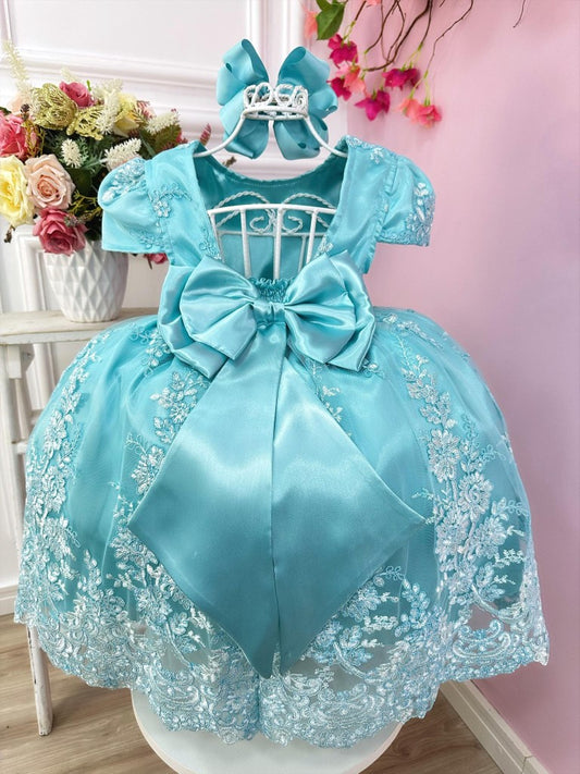 Vestido infantil verde con encaje real y perlas