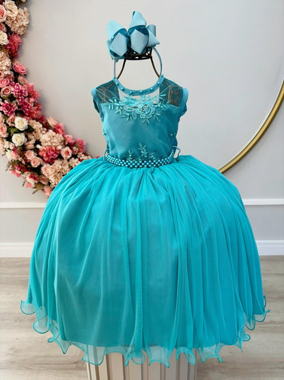 Vestido infantil verde con encaje y cinturón de perlas, de lujo para damas