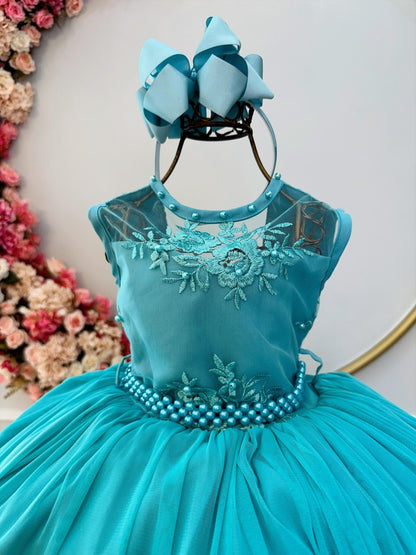Vestido infantil verde con encaje y cinturón de perlas, de lujo para damas