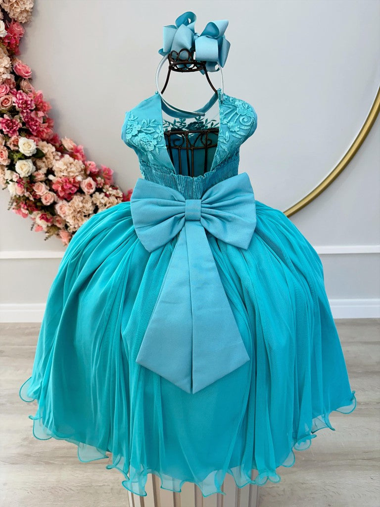 Vestido infantil verde con encaje y cinturón de perlas, de lujo para damas