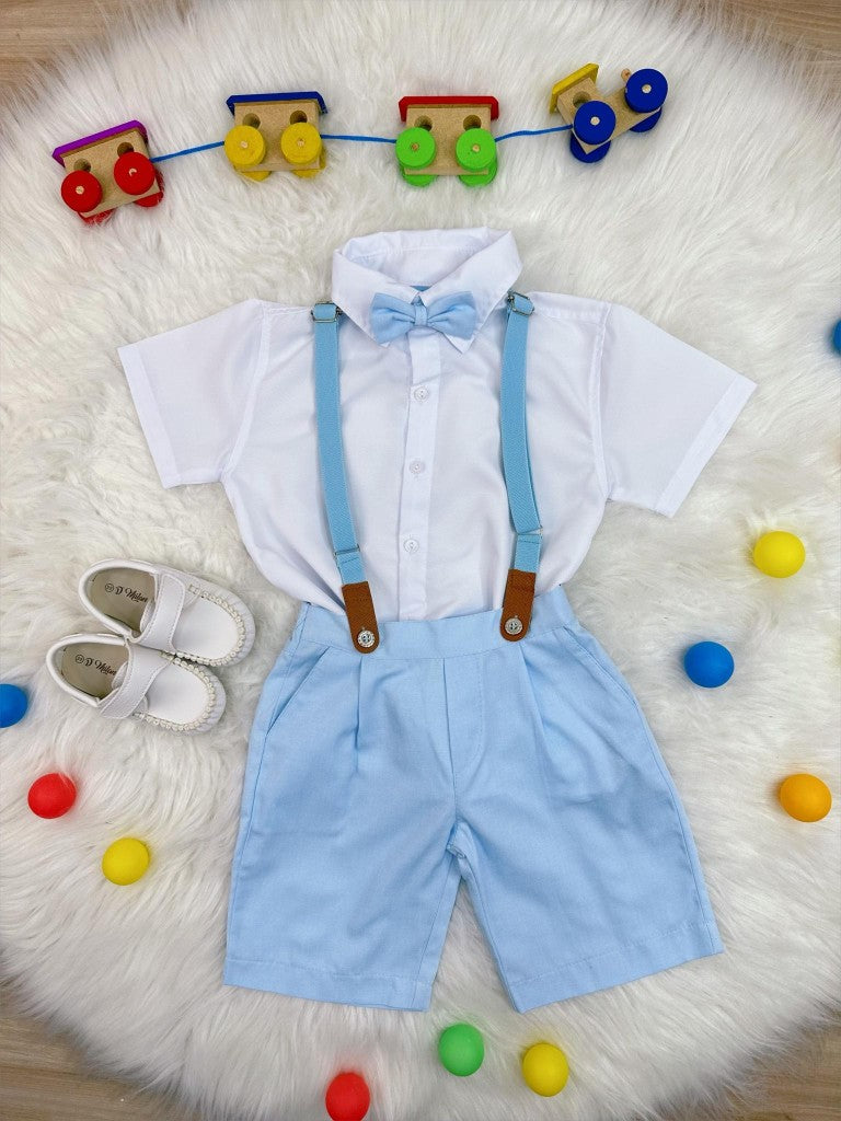 Conjunto Formal Camisa Blanca Pantalón Corto Corbata Tirantes Azul Bebé