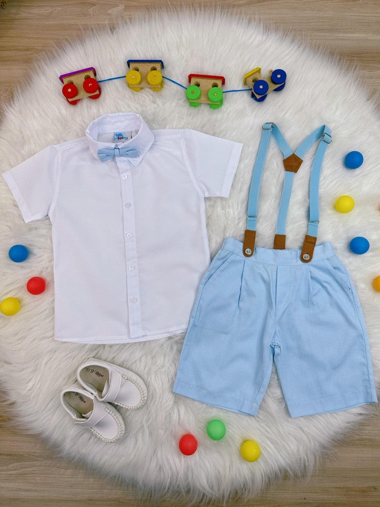 Conjunto Formal Camisa Blanca Pantalón Corto Corbata Tirantes Azul Bebé