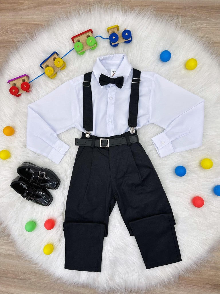 Conjunto Formal Camisa Blanca Pantalón Corbata y Tirantes Negros 