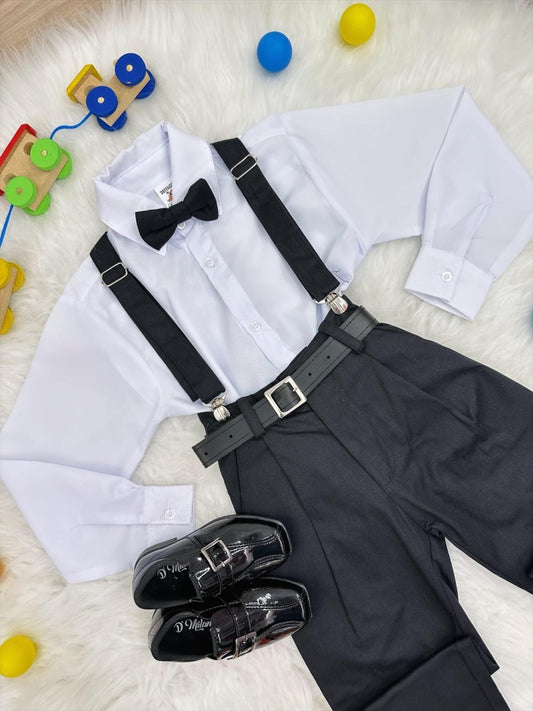 Conjunto Formal Camisa Blanca Pantalón Corbata y Tirantes Negros 