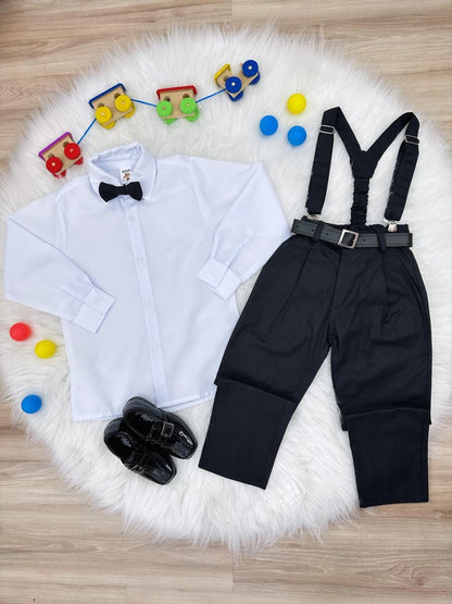 Conjunto Formal Camisa Blanca Pantalón Corbata y Tirantes Negros 