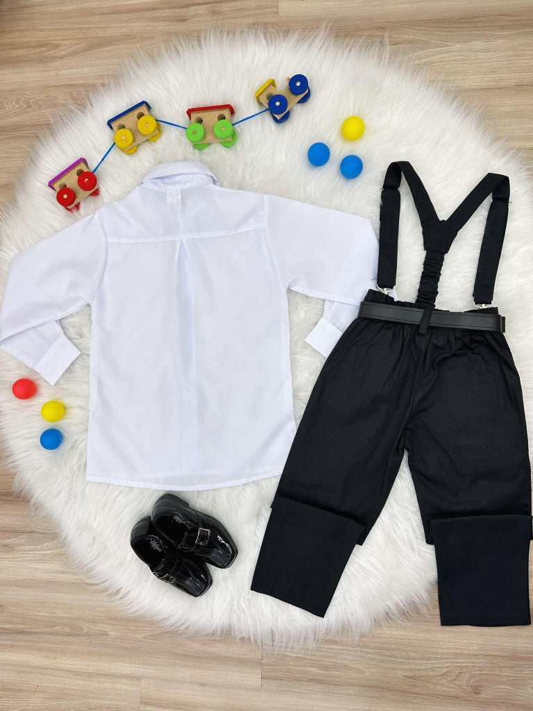 Conjunto Formal Camisa Blanca Pantalón Corbata y Tirantes Negros 