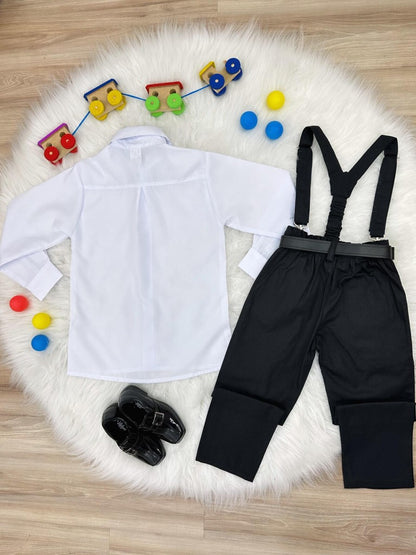 Conjunto Formal Camisa Blanca Pantalón Corbata y Tirantes Negros 