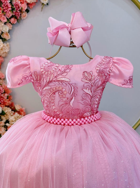 Vestido infantil rosa real con encaje y perlas para mujer 