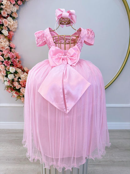 Vestido infantil rosa real con encaje y perlas para mujer 
