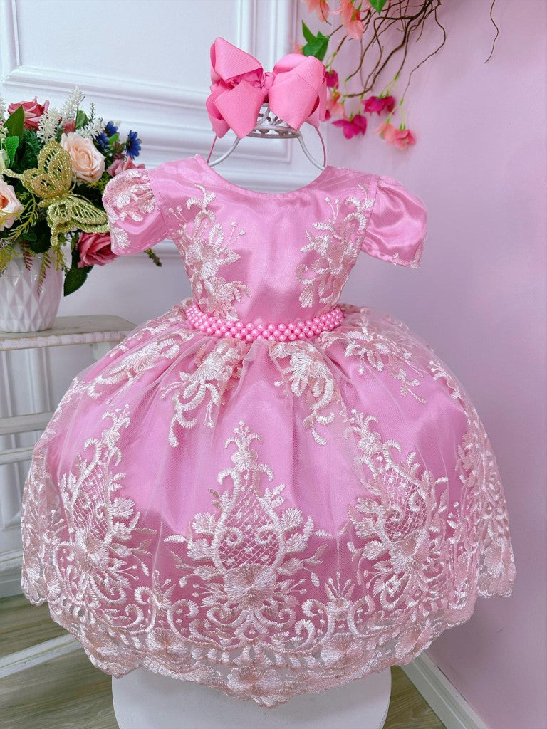 Vestido infantil rosa con encaje real y cinturón de perlas