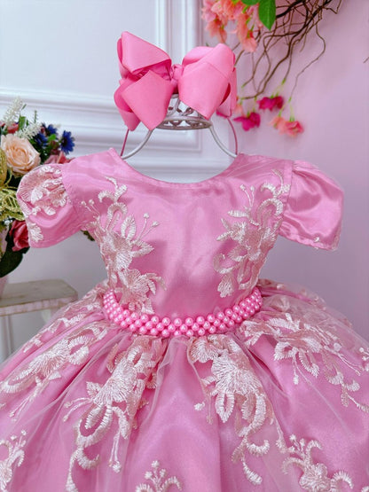Vestido infantil rosa con encaje real y cinturón de perlas
