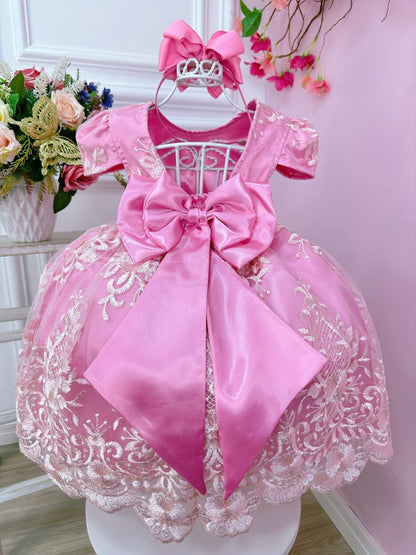 Vestido infantil rosa con encaje real y cinturón de perlas