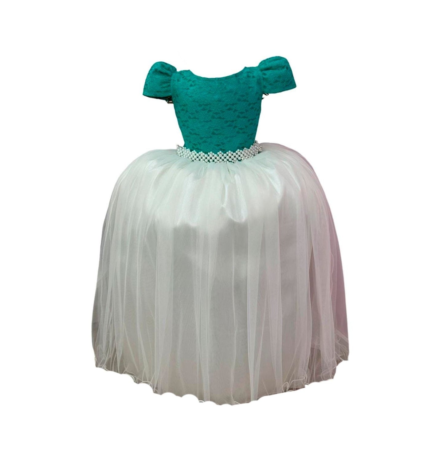 Vestido infantil verde con encaje y falda blanquecina, vestido largo para mujer