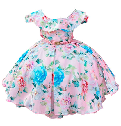 Vestido infantil rosa de Jardín Encantado con cinturón de perlas y fiestas 