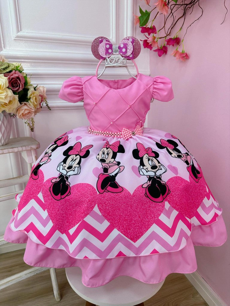 Vestido infantil de Minnie Mouse rosa con cinturón de perlas y tiara