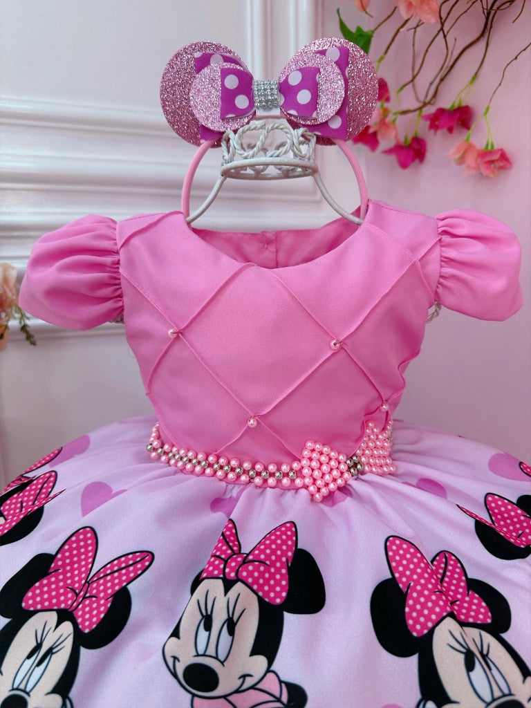 Vestido infantil de Minnie Mouse rosa con cinturón de perlas y tiara