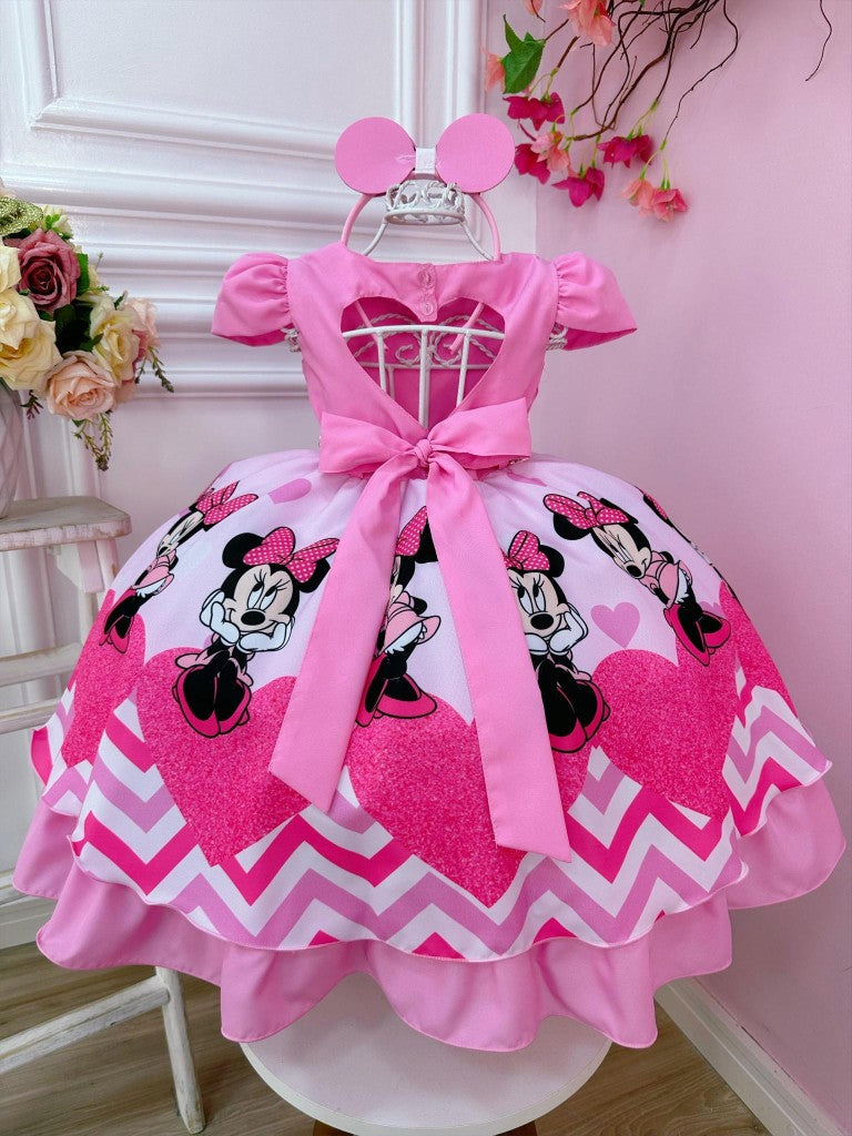 Vestido infantil de Minnie Mouse rosa con cinturón de perlas y tiara