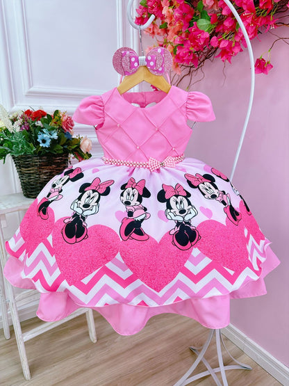 Vestido infantil de Minnie Mouse rosa con cinturón de perlas y tiara