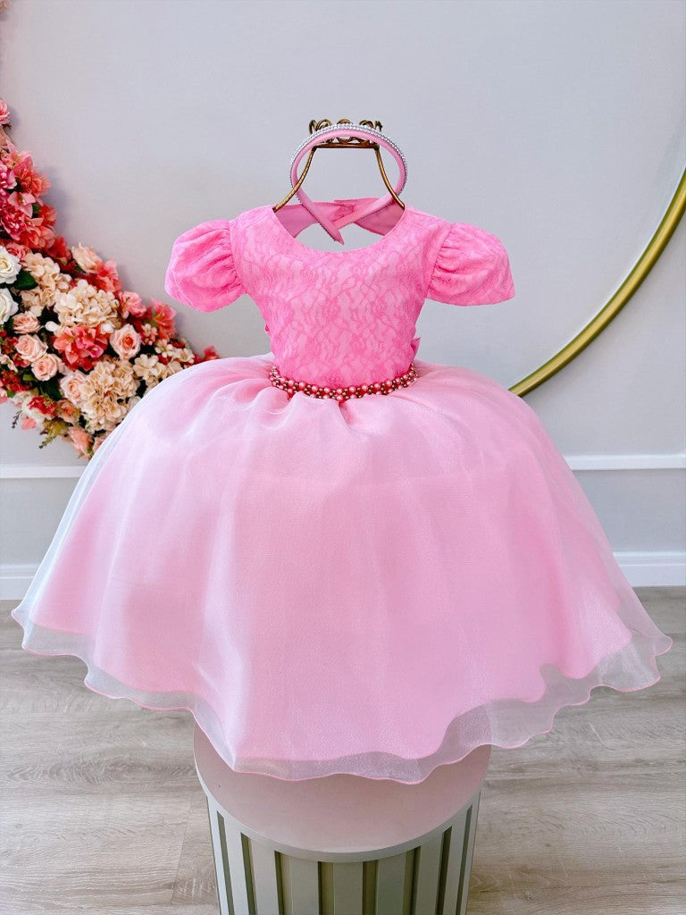 Vestido de encaje rosa para niñas en rosa chicle con perlas