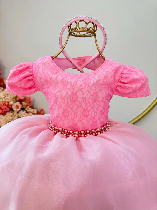 Vestido de encaje rosa para niñas en rosa chicle con perlas