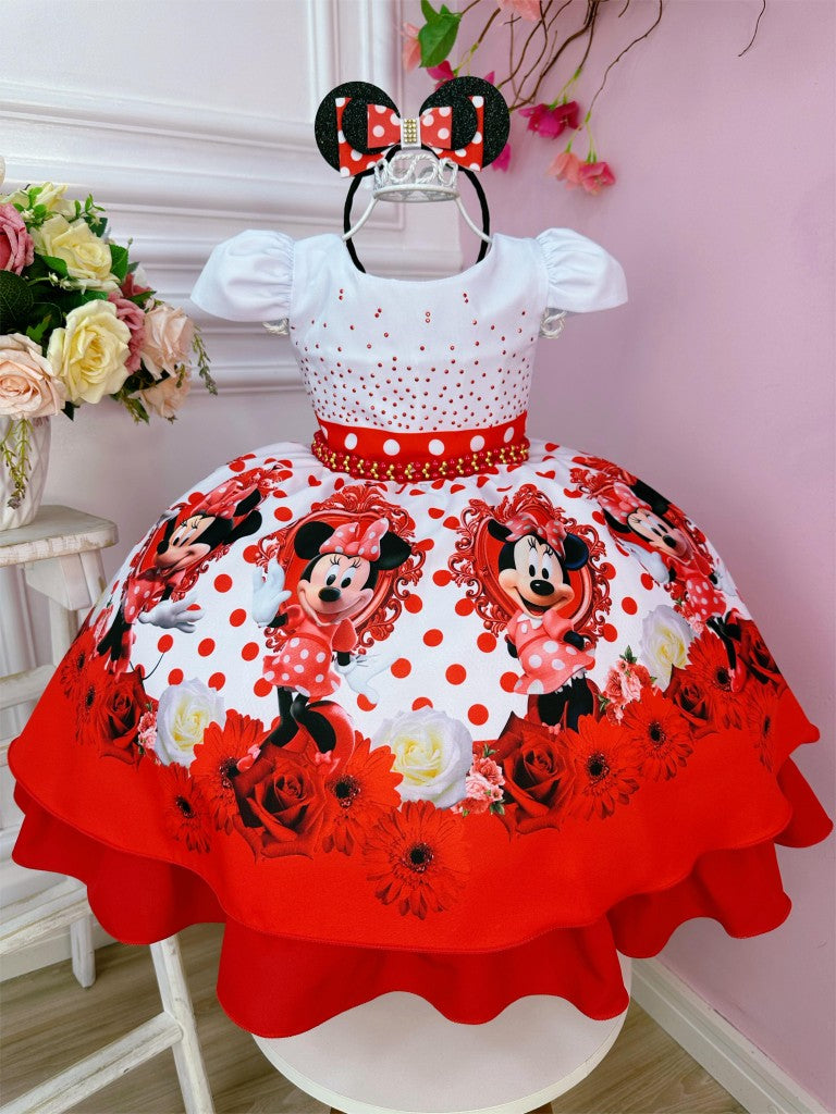 Vestido de Minnie Mouse con lunares rojos y perlas y tiara