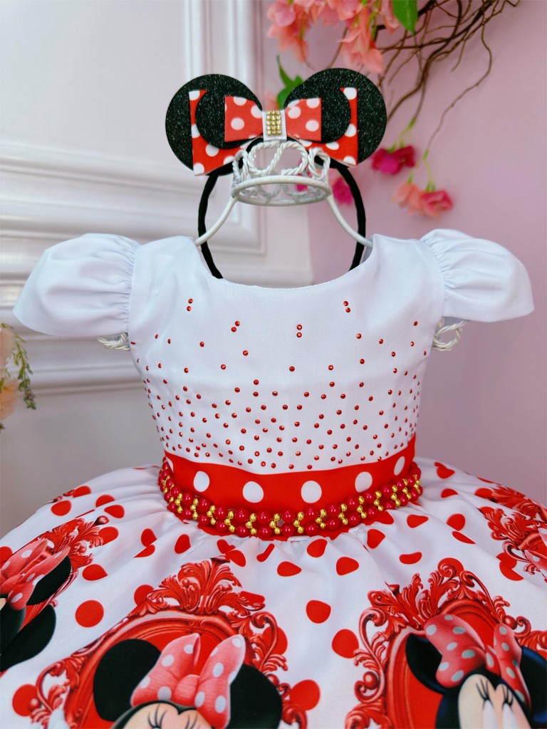 Vestido de Minnie Mouse con lunares rojos y perlas y tiara