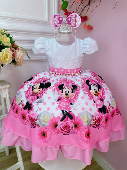 Vestido de Minnie Mouse con lunares rosas y perlas y tiara