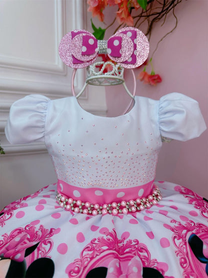 Vestido de Minnie Mouse con lunares rosas y perlas y tiara
